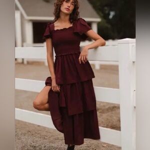 Ivy City Co Alana Tiered Smocked Burgundy Wine Size Medium Cottagecore Maxi